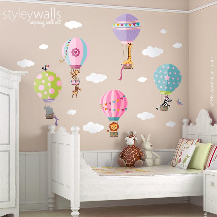 Autocollant mural avec montgolfières, autocollant mural avec animaux de la jungle, décoration murale avec montgolfières, décoration murale pour chambre de fille avec montgolfières