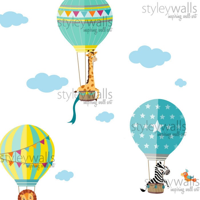 Air Balloons Wall Decal, Hot Air Balloons Wall Sticker, Jungle Safari Animals Wall Decal Sticker, Air Balloons Kids Nursery Baby Room Decor