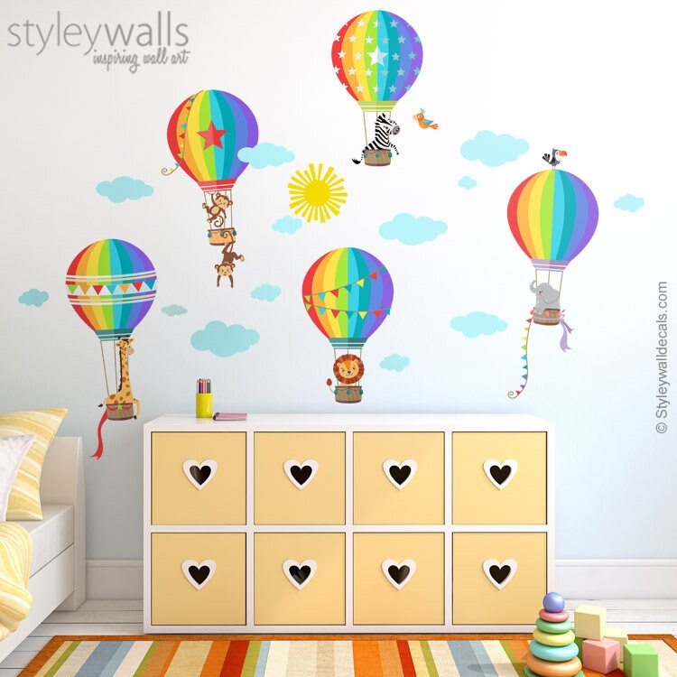 Air Balloons Wall Decal, Hot Air Balloons and Jungle Safari Animals Wall Sticker, Rainbow Air Balloons Baby Nursery Decor, Kids Room Decal