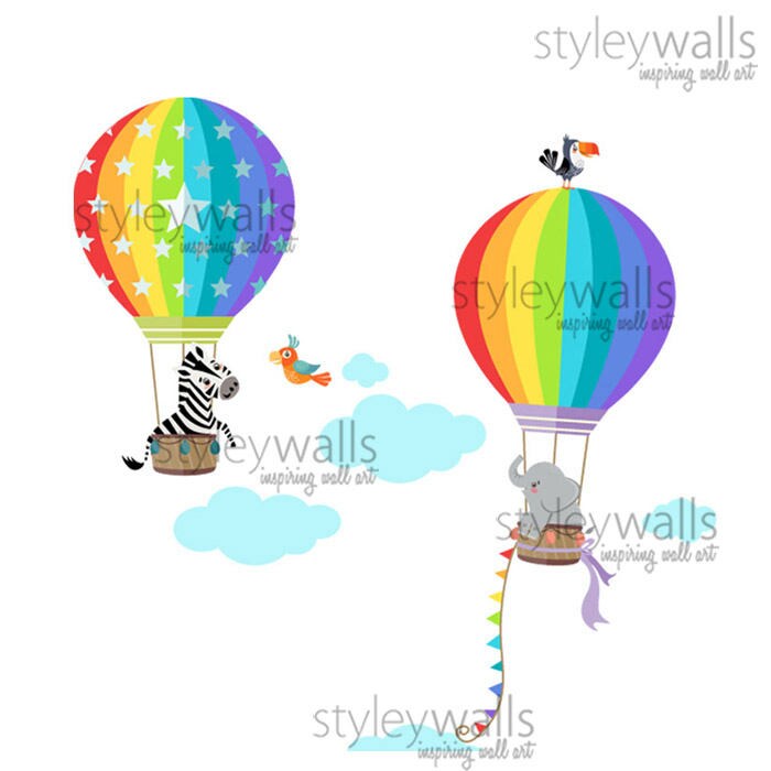 Air Balloons Wall Decal, Hot Air Balloons and Jungle Safari Animals Wall Sticker, Rainbow Air Balloons Baby Nursery Decor, Kids Room Decal