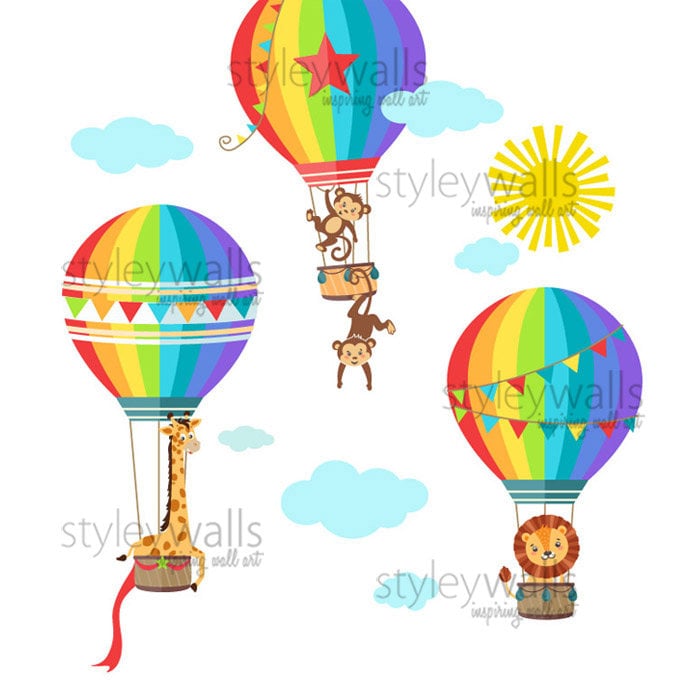 Air Balloons Wall Decal, Hot Air Balloons and Jungle Safari Animals Wall Sticker, Rainbow Air Balloons Baby Nursery Decor, Kids Room Decal