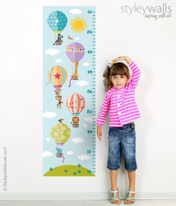 Hot Air Balloons Wall Decal Growth Chart, Kids Height Chart Wall Decal, Air Balloons with Jungle Safari Animals Growth Chart Wall Decal,