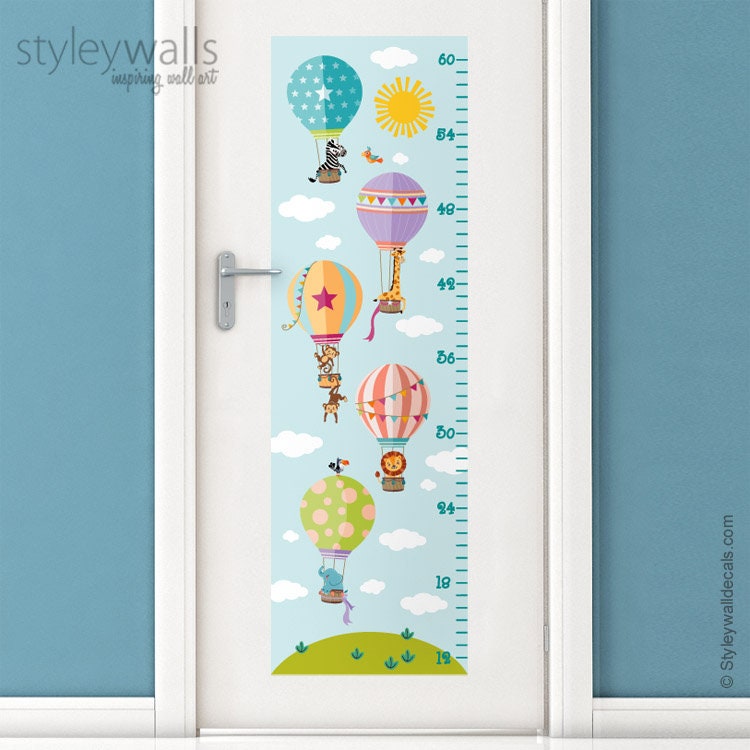 Hot Air Balloons Wall Decal Growth Chart, Kids Height Chart Wall Decal, Air Balloons with Jungle Safari Animals Growth Chart Wall Decal,