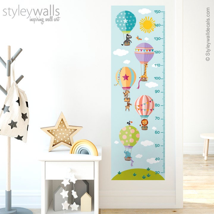 Hot Air Balloons Wall Decal Growth Chart, Kids Height Chart Wall Decal, Air Balloons with Jungle Safari Animals Growth Chart Wall Decal,