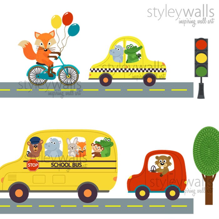 Vehicles Wall Decal, Transportation Animals Wall Decal, Car Bus Truck Ambulance Bicycle Wall Stickers, Kids Nursery Baby Room Decor Decals