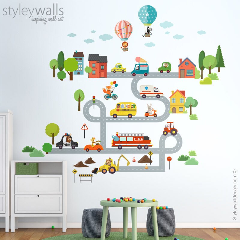 Transportation Wall Decal, Vehicles Cars and Animals Wall Sticker, Animals City Wall Decor, Roads Fire Truck Air Balloons Ambulance Bus