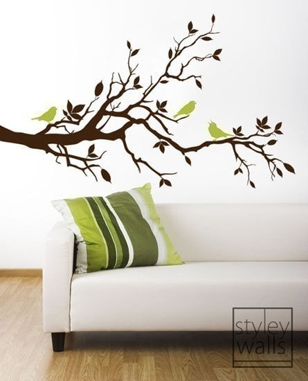 Sticker mural branche d'arbre - Oiseaux d'amour sur une branche avec des feuilles - Sticker mural en vinyle Art Décoration d'intérieur Chambre d'enfant Chambre de bébé Sticker mural