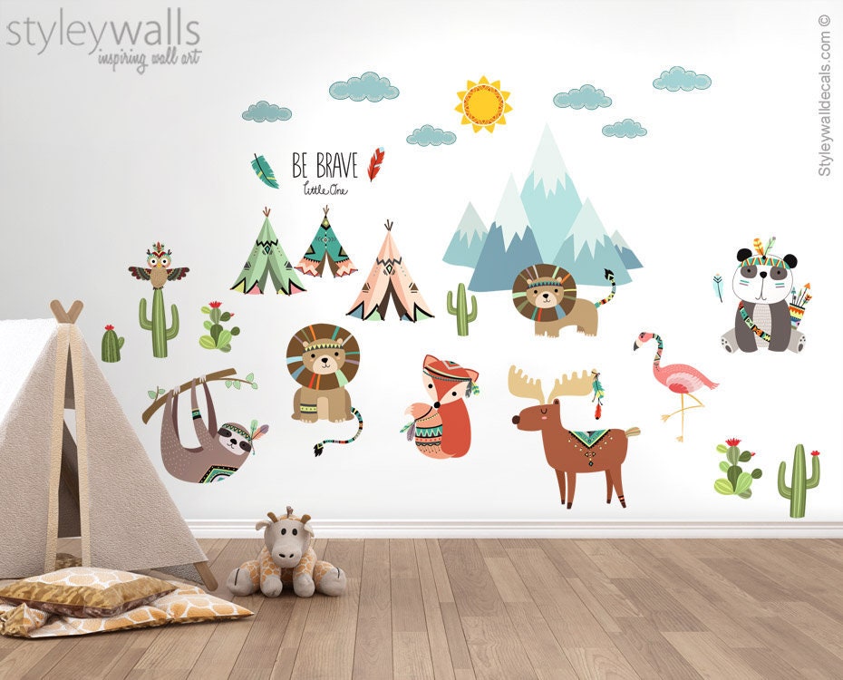 Autocollant mural animaux tribaux, autocollant mural montagne, autocollant mural tipi, autocollant mural panda lion cerf renard hibou, décoration murale tribale cactus pour chambre d'enfant