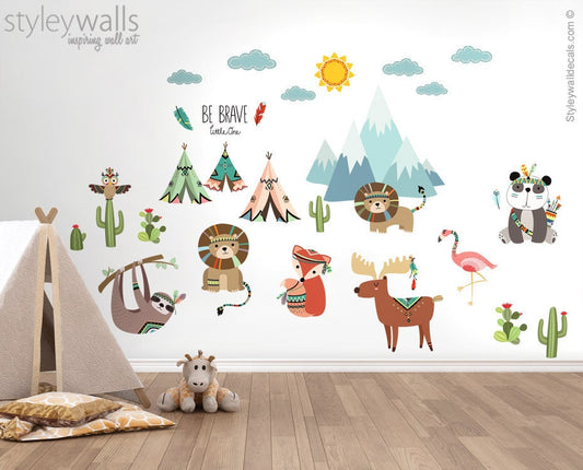 Autocollant mural animaux tribaux, autocollant mural montagne, autocollant mural tipi, autocollant mural panda lion cerf renard hibou, décoration murale tribale cactus pour chambre d'enfant