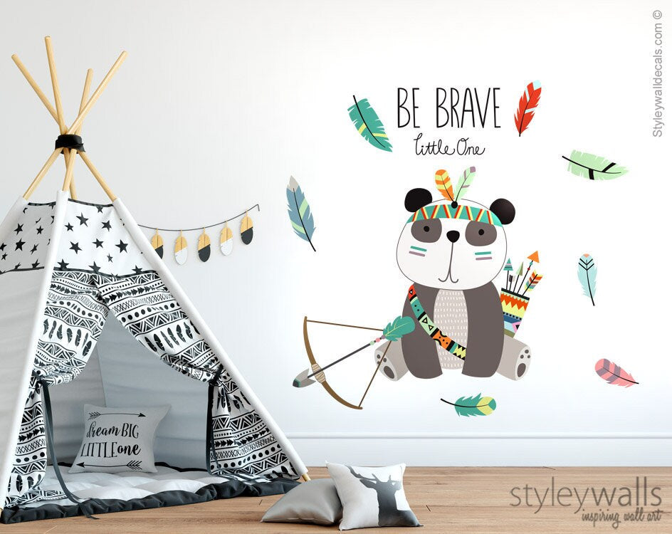 Panda Wall Decal, Tribal Animals Wall Decal, Panda Wall Sticker, Feather Arrows Tribal Nursery Decor, Be Brave Little One Lettering