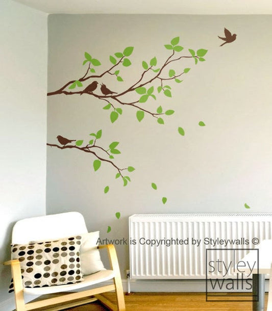 Autocollant mural branches, autocollant mural deux branches de printemps et oiseaux, autocollant mural feuilles et oiseaux, autocollant de branche pour la décoration intérieure, autocollant de branche