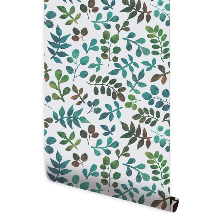 Watercolor Leaves Wallpaper, Leaf Pattern Watercolor Wallpaper, Repositionable Removable Fabric Wallpaper, Peel and Stick, Self Adhesive