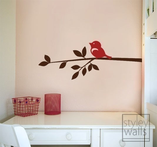 Bird and Branch Wall Decal, Cute Bird on a Branch Vinyl Wall Decal, Nursery Wall Decal, Bird and Branch Wall Sticker for Kids Room Decor