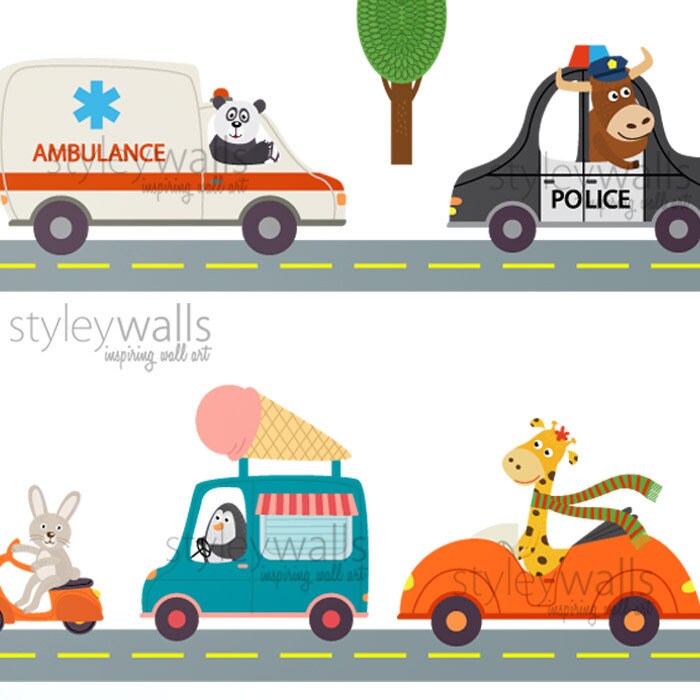 Vehicles Wall Decal, Transportation Animals Wall Decal, Car Bus Truck Ambulance Bicycle Wall Stickers, Kids Nursery Baby Room Decor Decals