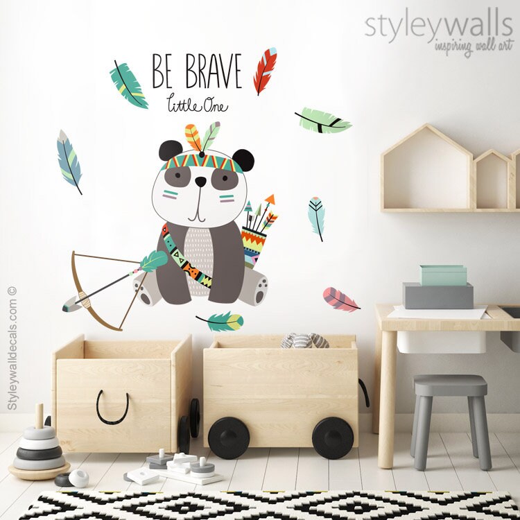 Panda Wall Decal, Tribal Animals Wall Decal, Panda Wall Sticker, Feather Arrows Tribal Nursery Decor, Be Brave Little One Lettering