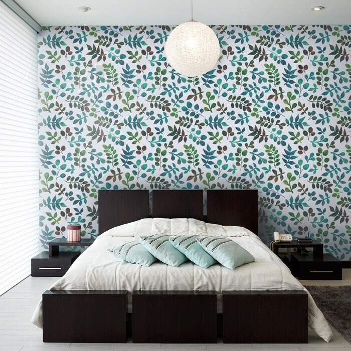 Watercolor Leaves Wallpaper, Leaf Pattern Watercolor Wallpaper, Repositionable Removable Fabric Wallpaper, Peel and Stick, Self Adhesive