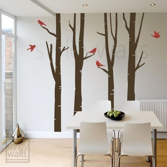 Autocollant mural arbres d'hiver, autocollant mural bouleaux, oiseaux dans un arbre d'hiver, autocollant mural CADEAU OISEAUX Nature, autocollants bouleaux de la forêt