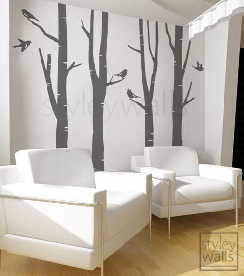 Autocollant mural arbres d'hiver, autocollant mural bouleaux, oiseaux dans un arbre d'hiver, autocollant mural CADEAU OISEAUX Nature, autocollants bouleaux de la forêt