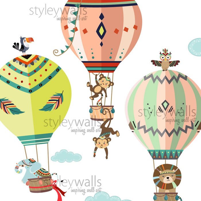 Tribal Wall Decal, Hot Air Balloons Wall Decal, Jungle Safari Animals Wall Sticker, Aztec Ethnic Style Nursery Decor, Kids Room Decal