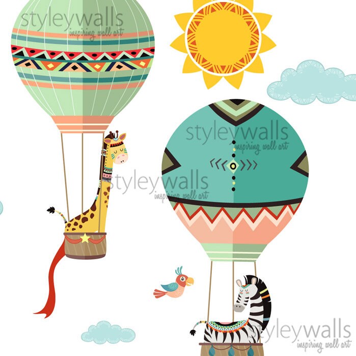 Tribal Wall Decal, Hot Air Balloons Wall Decal, Jungle Safari Animals Wall Sticker, Aztec Ethnic Style Nursery Decor, Kids Room Decal