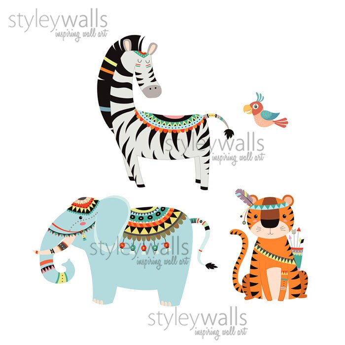 Tribal Animals Wall Decal, Jungle Wall Decal, Safari Wall Decal, Safari Animals Wall Sticker, Monkey Giraffe Lion Elephant Nursery Decor