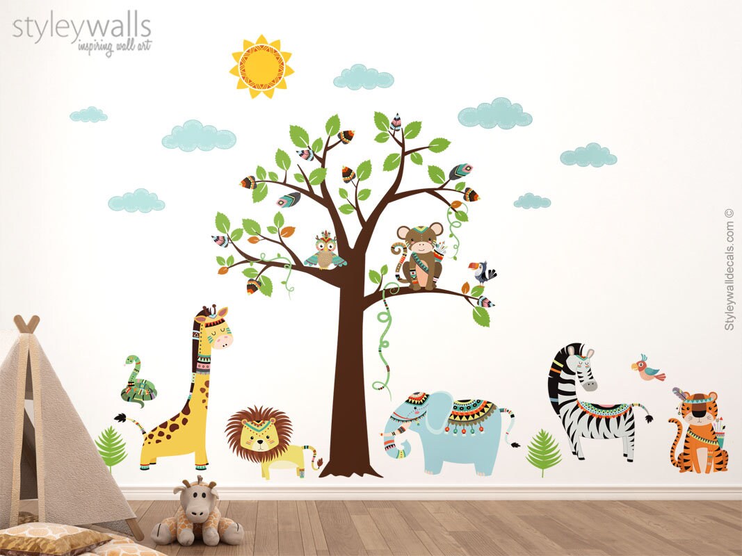 Tribal Animals Wall Decal, Jungle Wall Decal, Safari Wall Decal, Safari Animals Wall Sticker, Monkey Giraffe Lion Elephant Nursery Decor