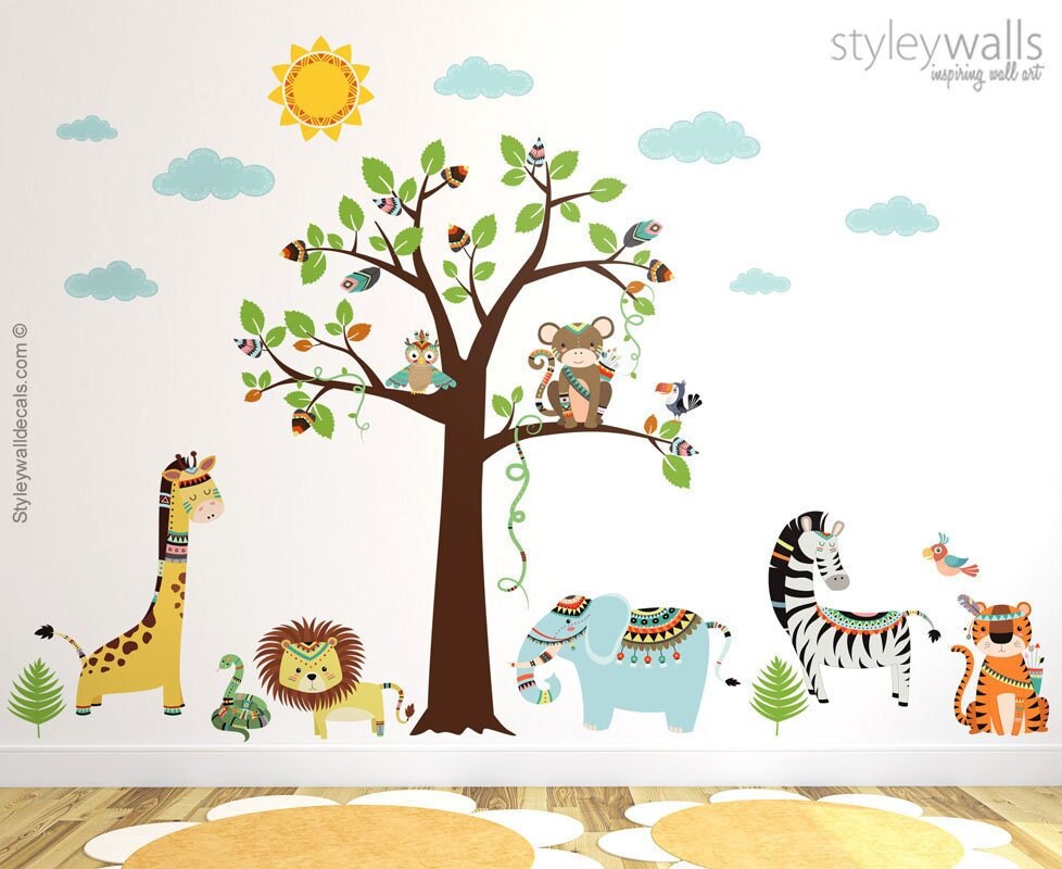 Tribal Animals Wall Decal, Jungle Wall Decal, Safari Wall Decal, Safari Animals Wall Sticker, Monkey Giraffe Lion Elephant Nursery Decor