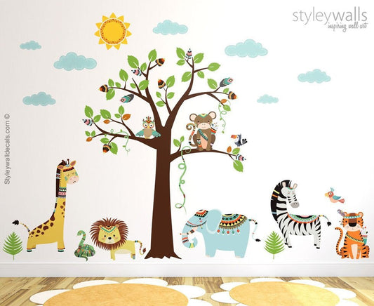 Autocollant mural animaux tribaux, autocollant mural jungle, autocollant mural safari, autocollant mural animaux safari, singe girafe lion éléphant décoration de chambre d'enfant