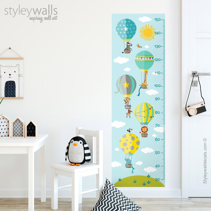 Hot Air Balloons Wall Decal Growth Chart, Air Balloons Growth Chart Wall Decal, Jungle Safari Animals Kids Height Chart Wall Decal