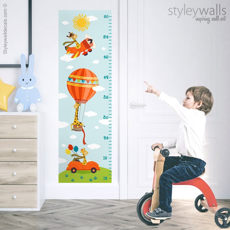 Giraffe Wall Decal Growth Chart, Giraffe Wall Sticker, Air Balloon Wall Decal, Air Plane Car Vehicles Wall Decal, Kids Height Chart