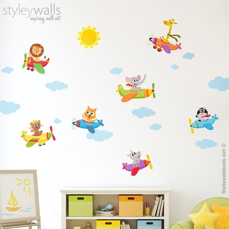 Airplanes Wall Decal, Airplanes Wall Sticker, Animals with Airplanes Wall Decal, Flying Airplanes Jungle Safari Kids Nursery Baby Room Decor