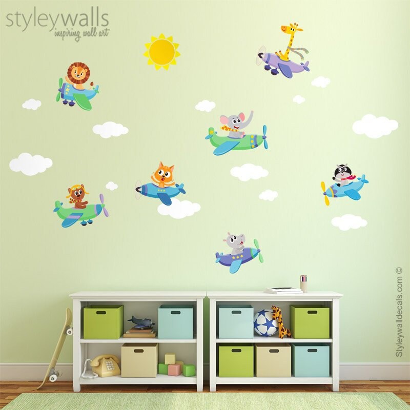 Airplanes Wall Decal, Flying Airplanes Wall Sticker, Jungle Safari Animals with Airplanes Wall Decal, Planes Kids Nursery Baby Room Decor