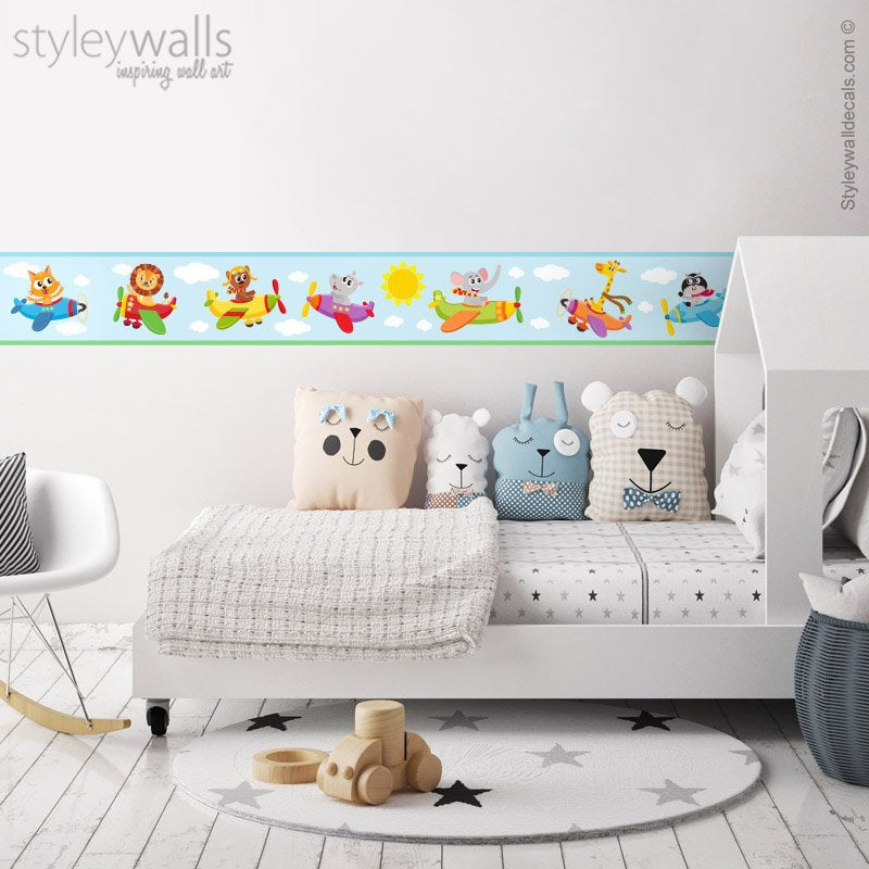 Airplanes Wall Border Decal, Flying Airplanes with Animals Border Wall Decal, Repositionable Vehicles Wall Border, Nursery Boys Room Decor