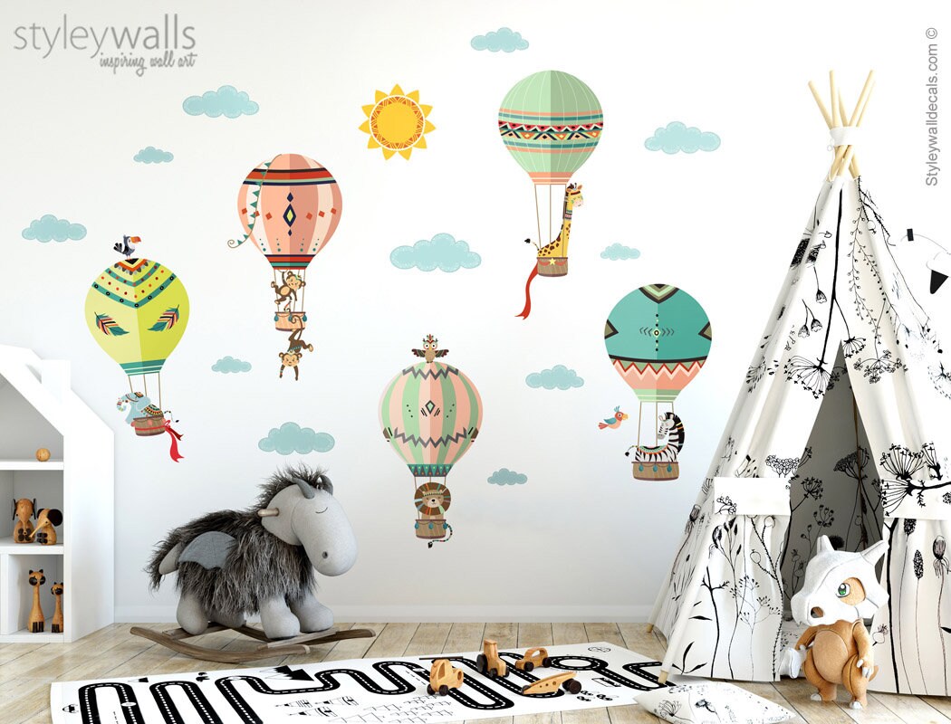 Tribal Wall Decal, Hot Air Balloons Wall Decal, Jungle Safari Animals Wall Sticker, Aztec Ethnic Style Nursery Decor, Kids Room Decal