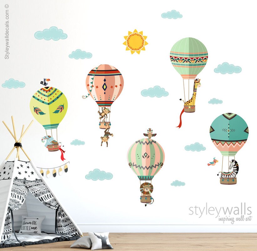 Tribal Wall Decal, Hot Air Balloons Wall Decal, Jungle Safari Animals Wall Sticker, Aztec Ethnic Style Nursery Decor, Kids Room Decal