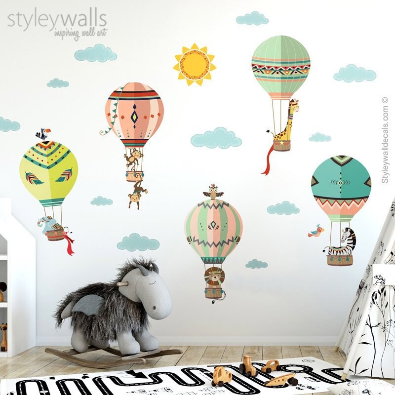 Tribal Wall Decal, Hot Air Balloons Wall Decal, Jungle Safari Animals Wall Sticker, Aztec Ethnic Style Nursery Decor, Kids Room Decal