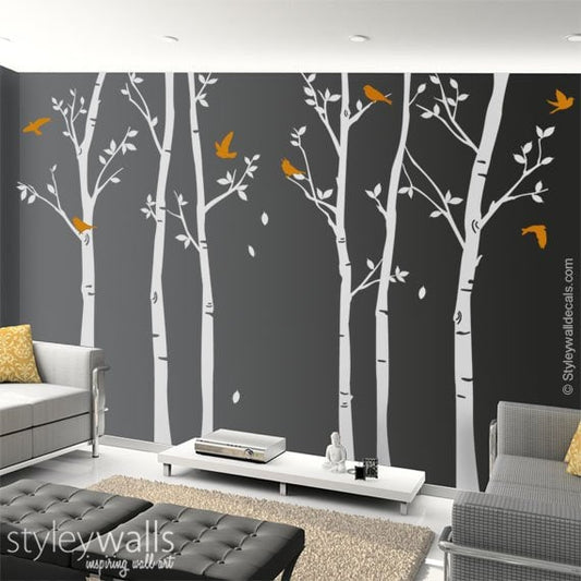 Tree wall decals Winter trees decal Birds nature Forest Trees with Birds Home Decor Set of 6 Vinyl Wall Decal Nursery Baby children Sticker