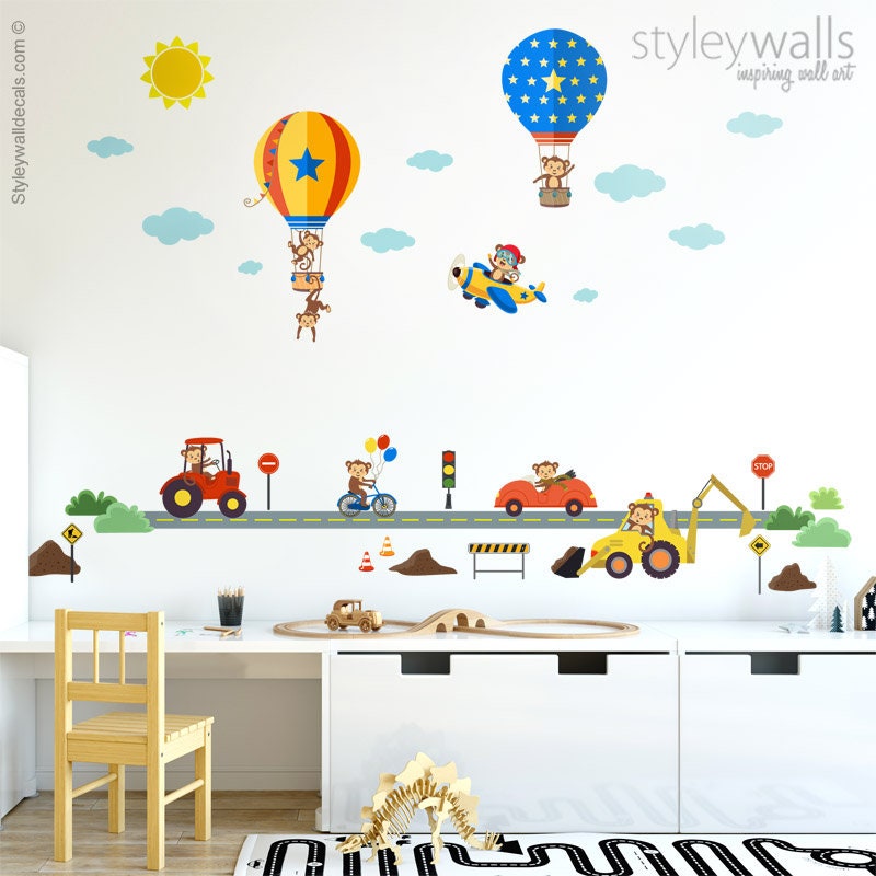 Monkeys Wall Decal, Transportation Wall Decal, Air Balloons Airplanes Wall Decal, Vehicles Cars and Monkeys Wall Sticker, Monkeys City Decal