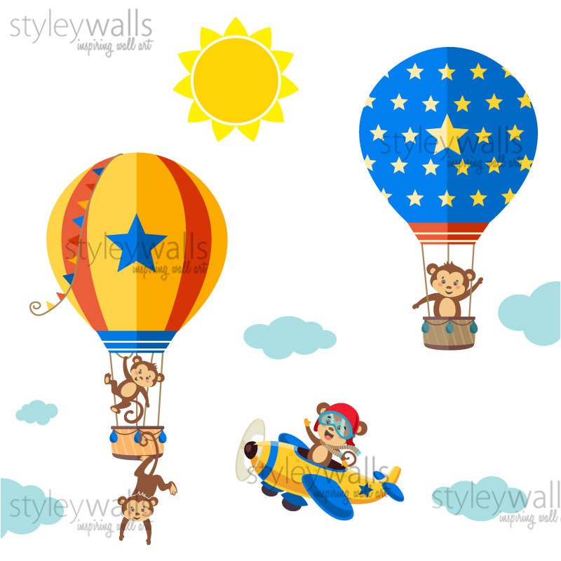 Monkeys Wall Decal, Transportation Wall Decal, Air Balloons Airplanes Wall Decal, Vehicles Cars and Monkeys Wall Sticker, Monkeys City Decal