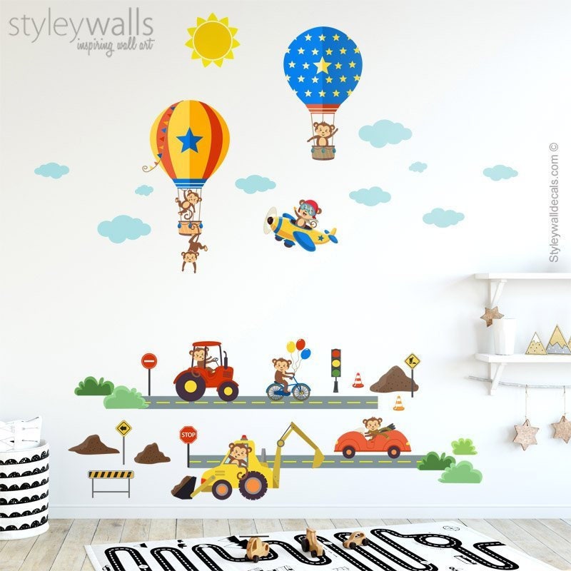 Monkeys Wall Decal, Transportation Wall Decal, Air Balloons Airplanes Wall Decal, Vehicles Cars and Monkeys Wall Sticker, Monkeys City Decal