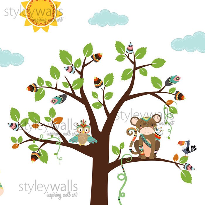 Tribal Animals Wall Decal, Jungle Wall Decal, Safari Wall Decal, Safari Animals Wall Sticker, Monkey Giraffe Lion Elephant Nursery Decor