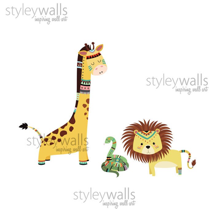 Tribal Animals Wall Decal, Jungle Wall Decal, Safari Wall Decal, Safari Animals Wall Sticker, Monkey Giraffe Lion Elephant Nursery Decor