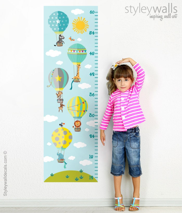 Hot Air Balloons Wall Decal Growth Chart, Air Balloons Growth Chart Wall Decal, Jungle Safari Animals Kids Height Chart Wall Decal