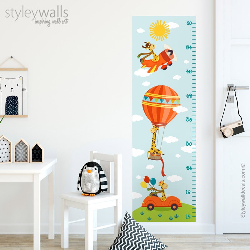 Giraffe Wall Decal Growth Chart, Giraffe Wall Sticker, Air Balloon Wall Decal, Air Plane Car Vehicles Wall Decal, Kids Height Chart