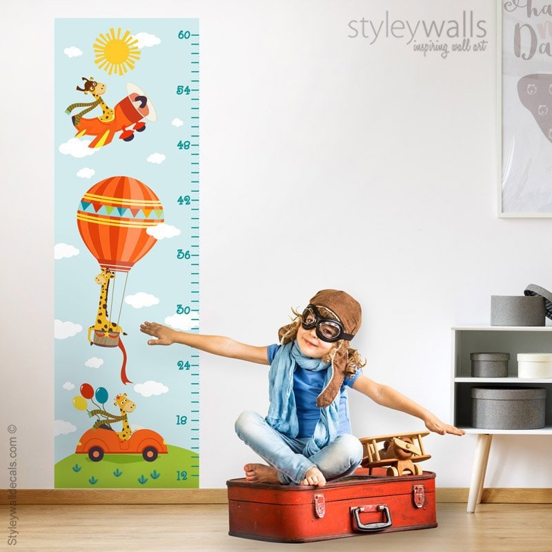 Giraffe Wall Decal Growth Chart, Giraffe Wall Sticker, Air Balloon Wall Decal, Air Plane Car Vehicles Wall Decal, Kids Height Chart