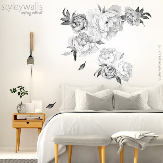 Peony Flowers Wall Decal, Black and White Peonies Wall Decal,  Watercolor Vintage Flowers  Peonies Peony Wall Decal, Peony Wall Sticker