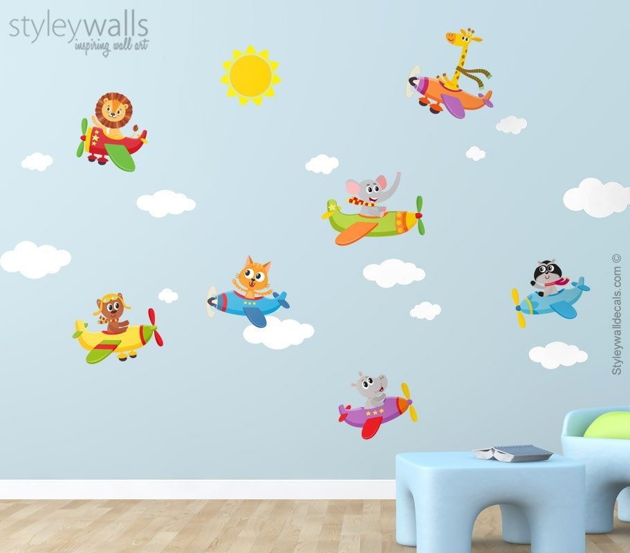 Airplanes Wall Decal, Airplanes Wall Sticker, Animals with Airplanes Wall Decal, Flying Airplanes Jungle Safari Kids Nursery Baby Room Decor