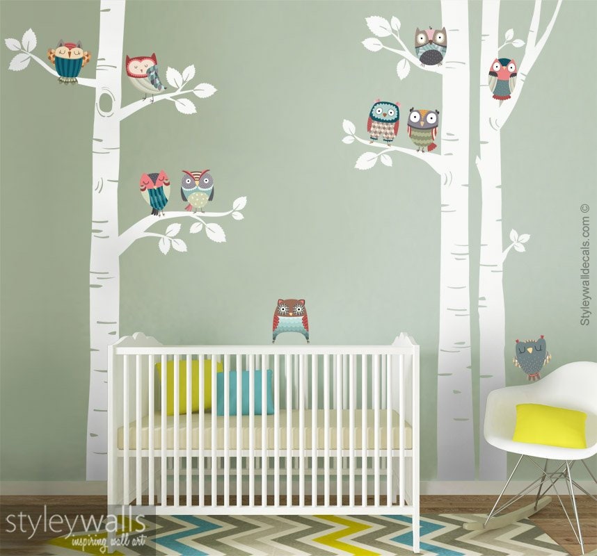 Owls Wall Decal, Birch Trees Wall Decal, Birch Trees and Owls Wall Decal, Owls Wall Sticker, Nursery Forest Trees Wall Decal, Owls Nursery