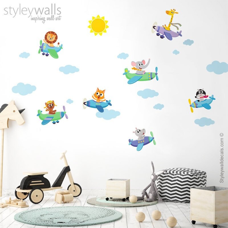 Airplanes Wall Decal, Flying Airplanes Wall Sticker, Jungle Safari Animals with Airplanes Wall Decal, Planes Kids Nursery Baby Room Decor