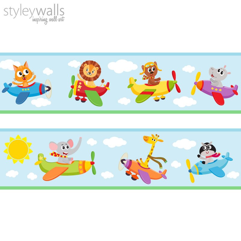 Airplanes Wall Border Decal, Flying Airplanes with Animals Border Wall Decal, Repositionable Vehicles Wall Border, Nursery Boys Room Decor